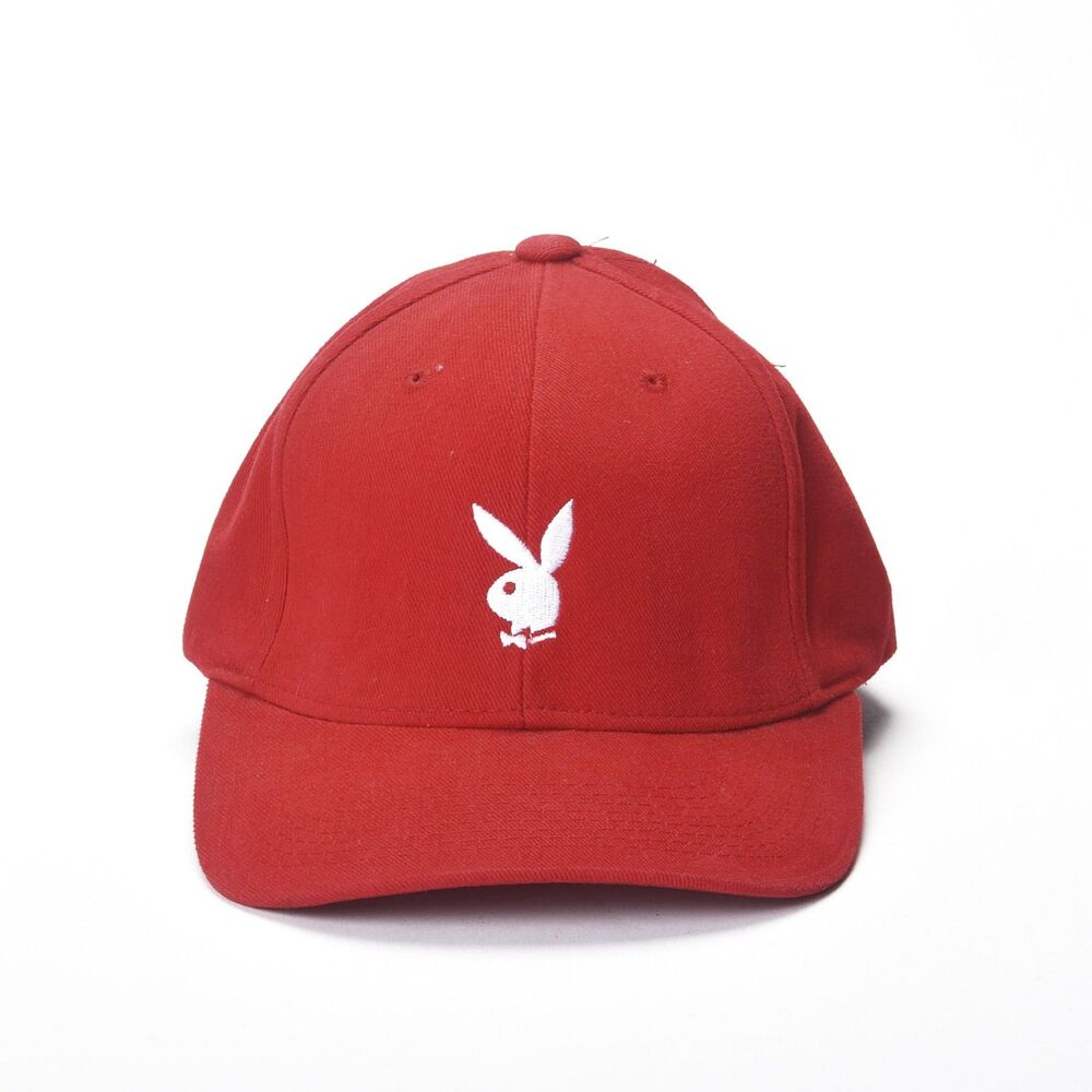 Playboy Red Cap White Embroidered Bunny Hat Elastic Back Baseball Cap